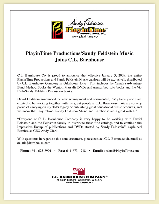 Press release: PlayinTime Productions/Sandy Feldstein Music Joins C.L. Barnhouse.